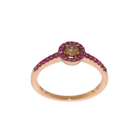 Bague entourage rubis diamant central de couleur or rose