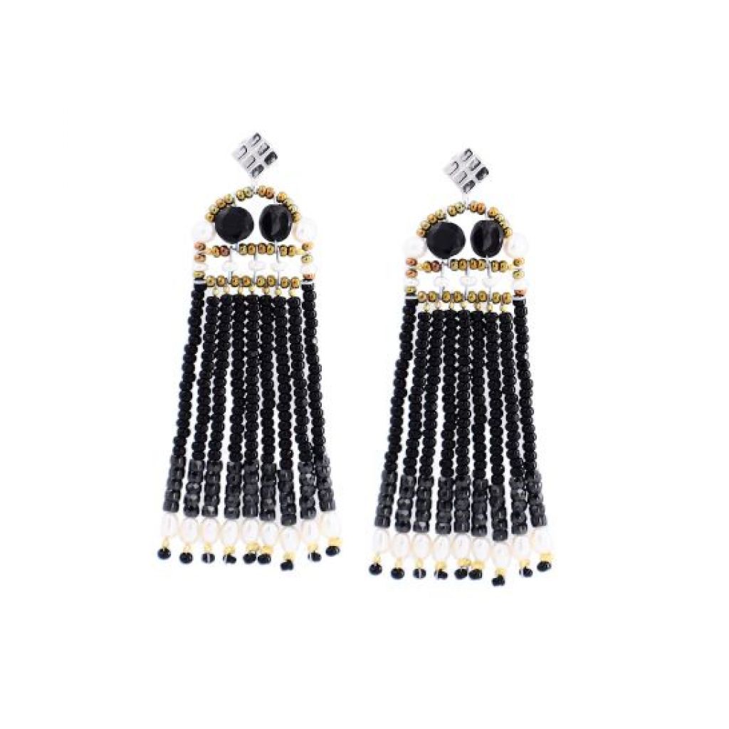Boucles d'oreilles ZIIO Fenice Frange Black Pearl en spinelle noire, perles d'eau douce, perles en verre de Murano et zircons