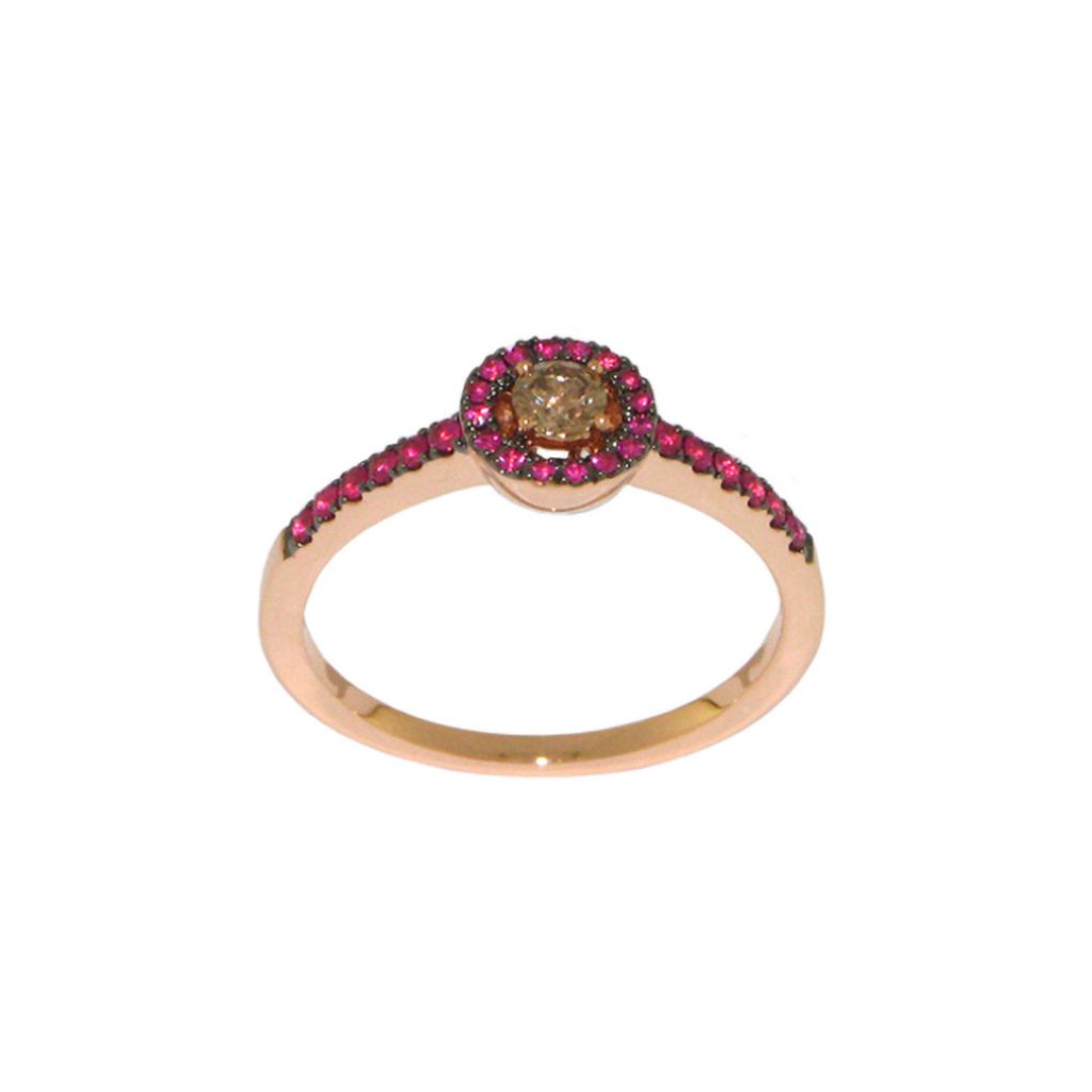 Bague entourage rubis diamant central de couleur or rose